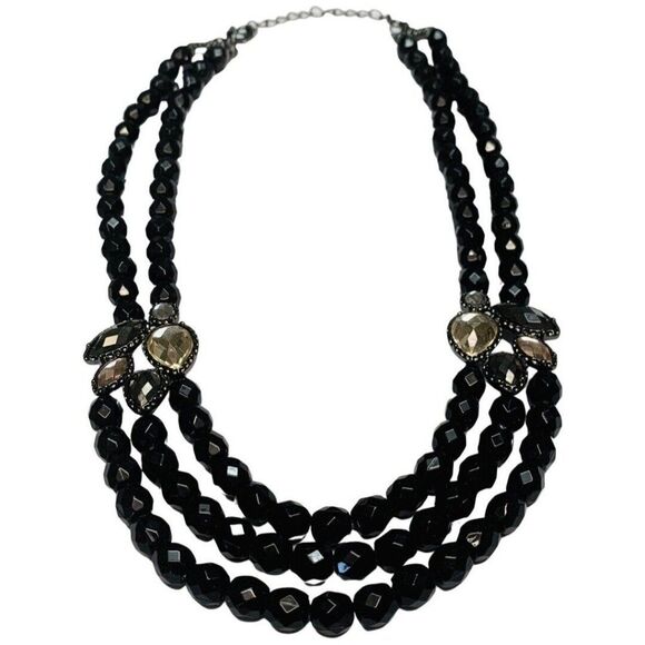 Vintage NRT Avon Black Faceted Rhinestone Beaded Collar Multi strand Necklace - Picture 1 of 8